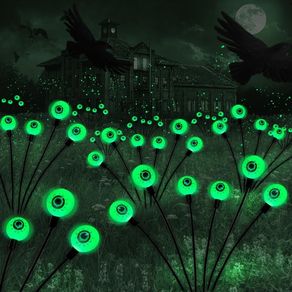 Lampe solaire Halloween jardin : yeux verts oscillants, lot de 2